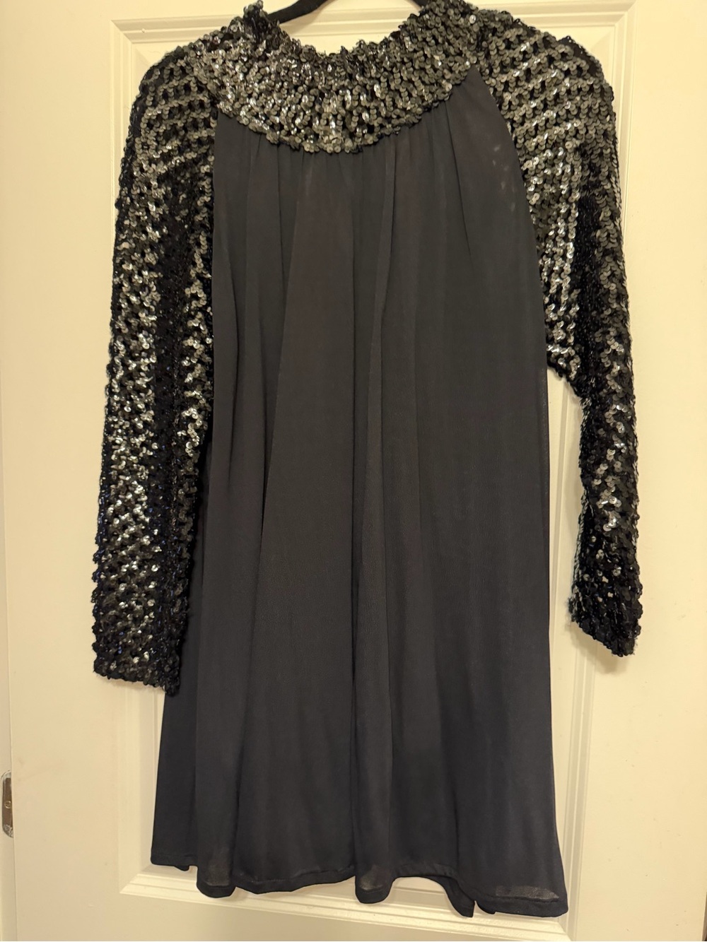 Black Long Sleeve Sequin Neck Chiffon Dress
